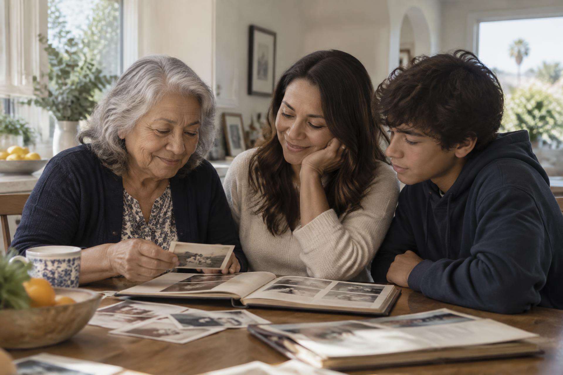 Three generations of a family looking through old photo albums together at their kitchen table